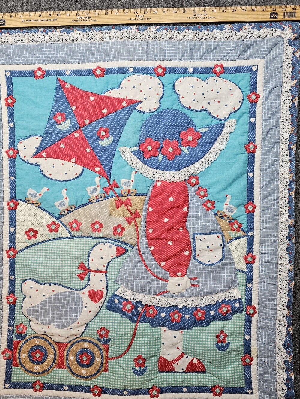Vintage 1986 Diana Burchfield Girl Goose Duck Kite Baby Quilt Blanket - Picture 7 of 8